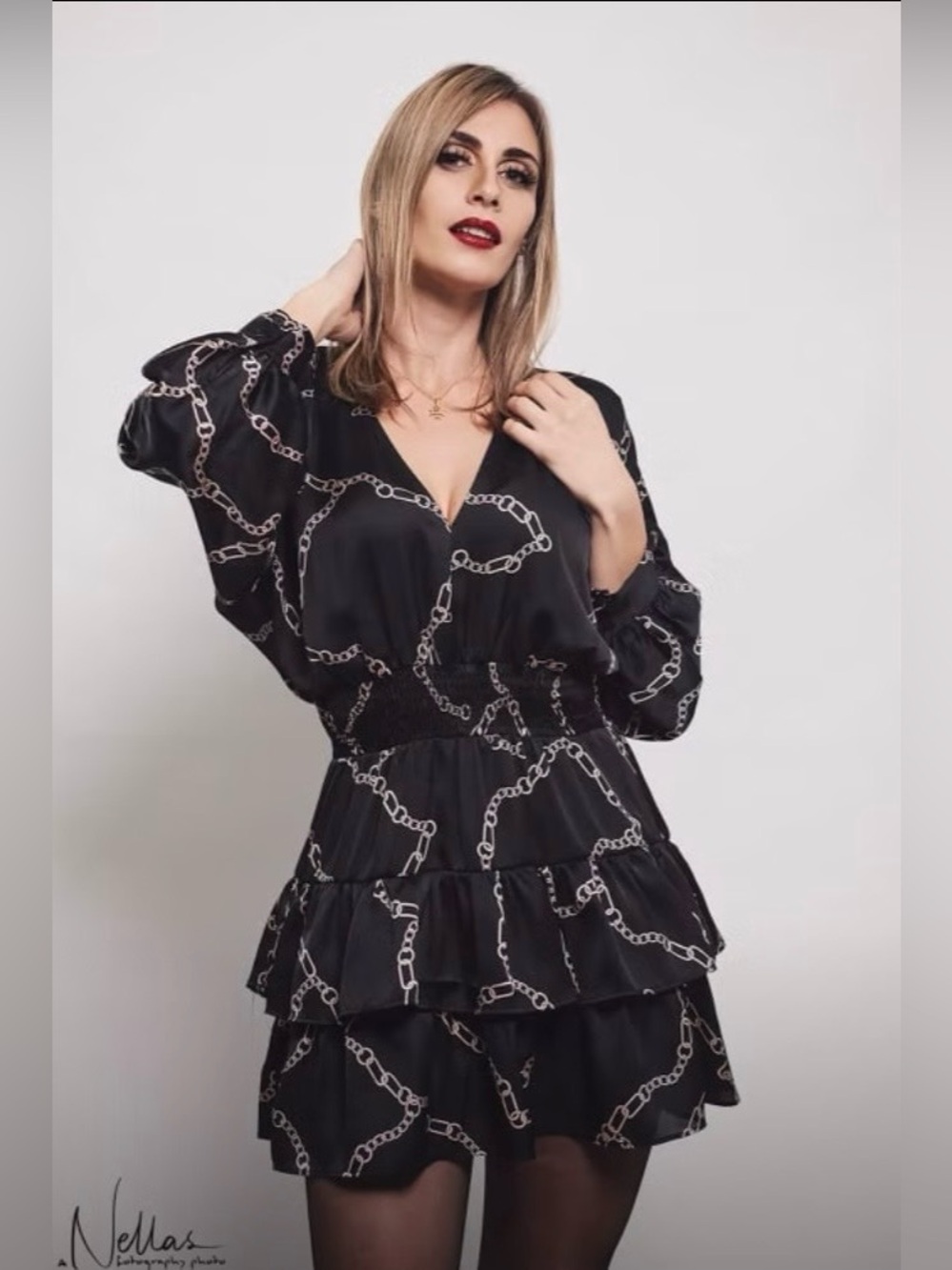 Zara Black Chain-Print Long-Sleeve Tiered Mini Dress